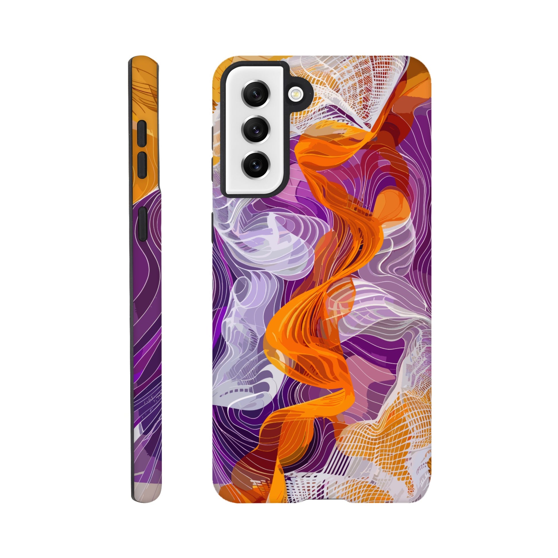 A Samsung Galaxy S21 Plus Phone Case with the following design on it - A modern digital art piece of an abstract representation of waves and swirls, with orange and purple hues, composed from flowing lines in a white mesh pattern, creating the illusion that they flow like ribbons or threads. The background is a gradient of these colors, adding depth to the composition. This artwork symbolizes movement, fluidity, and dynamic energy through its intricate design.