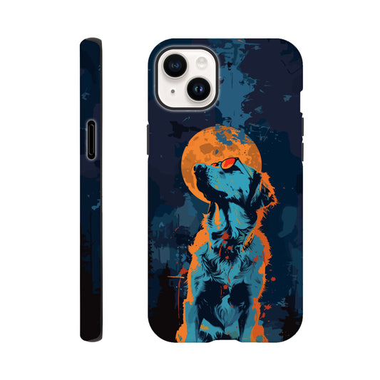 An Apple iPhone 14 Plus Phone Case with the following design on it - A golden retriever dog with the moon behind it in a blue and orange color scheme, a night forest background, flat vector art with dark blue and light amber colors, a cyberpunk aesthetic