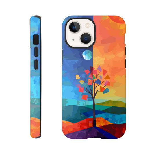 An Apple iPhone 13 Mini Phone Case with the following design on it - A landscape with two distinct color blocks representing day and night, featuring the sun on one side and the moonlight on the other, with a tree in between, depicted as geometric shapes and colors in the style of abstract art, with vibrant and contrasting colors, a modern digital painting