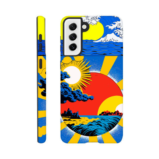 A Samsung Galaxy S21 Plus Phone Case with the following design on it: sun and clouds, blue sky with yellow rays of light, sun setting in the background, in the style of a Japanese illustration, blue sea wave on top left corner, red circle below centered, blue storm clouds inside red dot, colorful poster print style