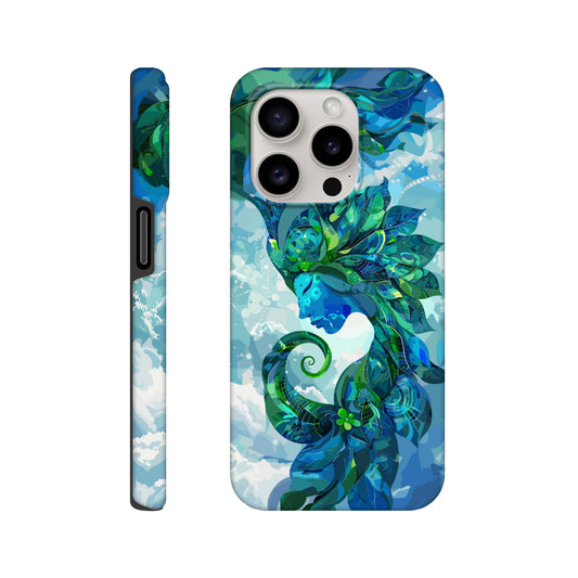 An Apple iPhone 15 Pro Phone Case with the following design on it: digital illustration of the symbol for the Zodiac symbol for Virgo, abstract Maiden, swirling in the sky with clouds and blue background, vibrant green and dark blues, digital art style, detailed shading, intricate details, fantasy elements, fantasy-inspired designs, fantasy realism