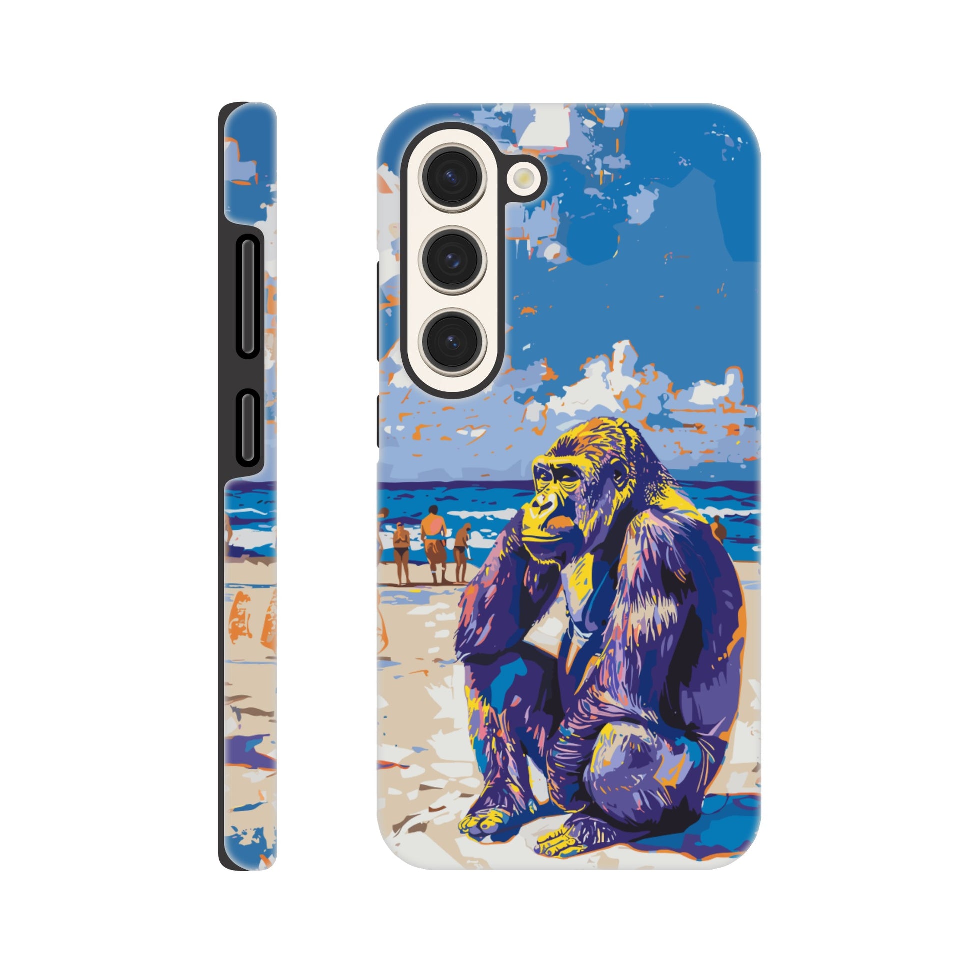 A Samsung Galaxy S23 with a design of a Gorilla at the beach thinking while a diverse group of people stroll along the beach in the background, royal blue, orange, purple, yellow, white, fauvism meets pop art