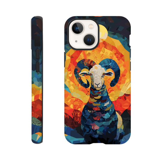 An Apple iPhone 13 Mini Phone Case with the following design on it - A Ram is facing towards you. There is a large Sun above the Ram even though it appears to be nighttime , the style is art nouveau with very vibrant primary colors.