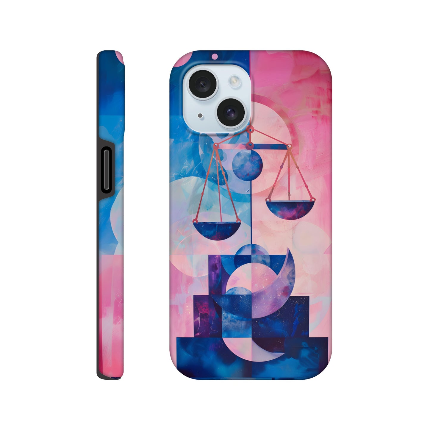 An Apple iPhone 15 Phone Case with the following design on it : The Zodiac symbol for Libra, scales of justice theme, planet Venus in the background, Bauhaus style, royal blue, light pink