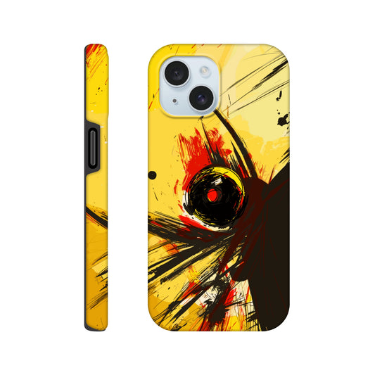 An Apple iPhone 15 Phone Case with the following design on it : Abstract drawing of a humanoid insect hybrid figure,  red and black colors. In the style of comic brush strokes that creates a kind of frenetic energy with a light yellow background.