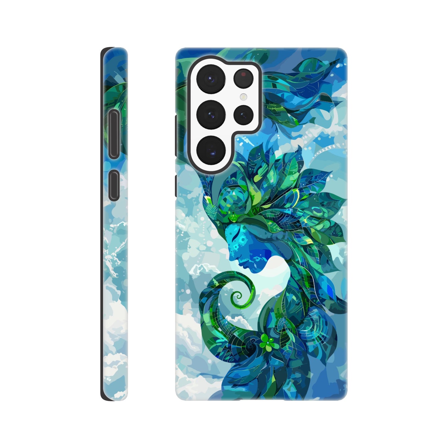 A Samsung Galaxy S22 Ultra Phone Case with the following design on it: digital illustration of the symbol for the Zodiac symbol for Virgo, abstract Maiden, swirling in the sky with clouds and blue background, vibrant green and dark blues, digital art style, detailed shading, intricate details, fantasy elements, fantasy-inspired designs, fantasy realism