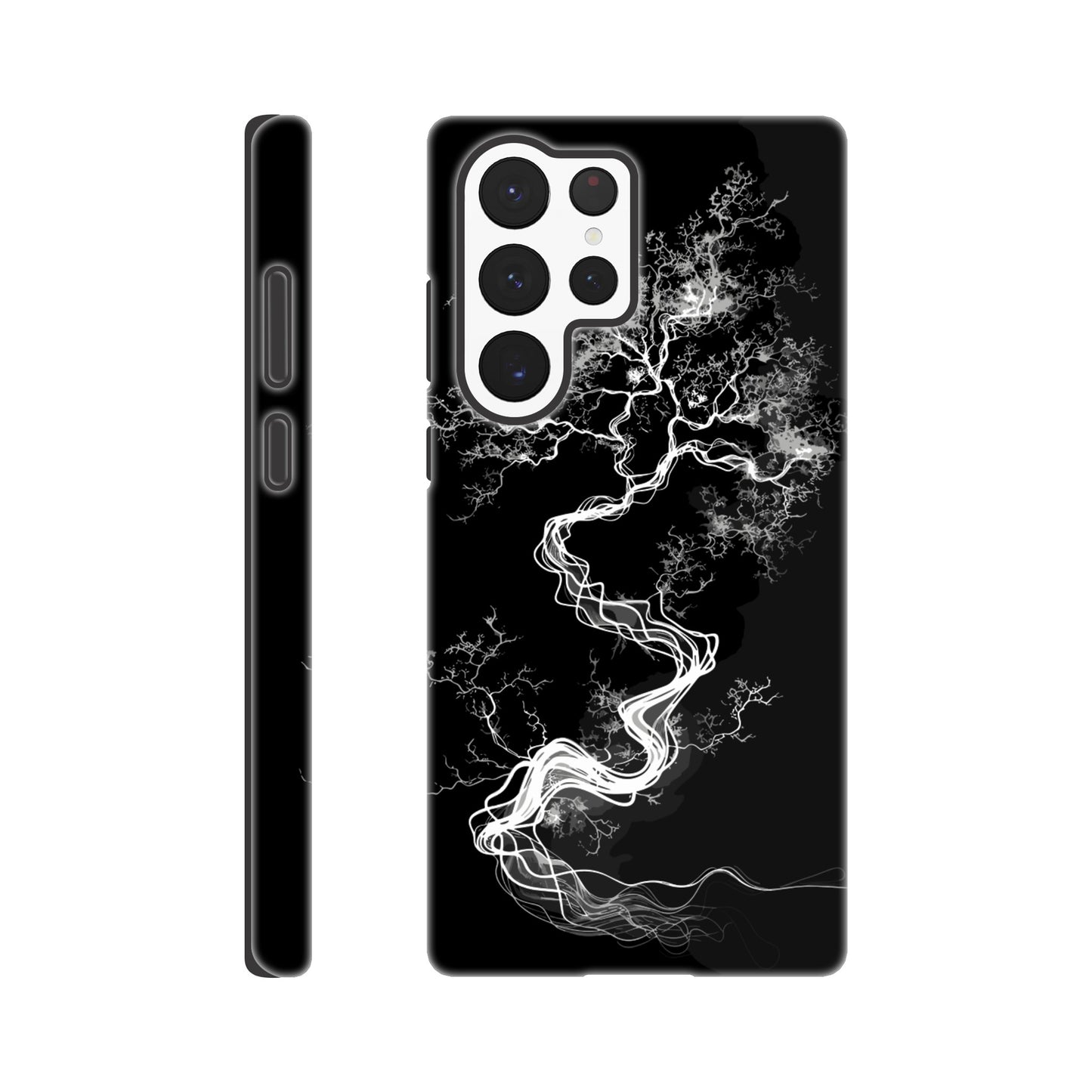 A Samsung Galaxy S22 Ultra Phone Case with the following design on it - a sketch of a white fractal tree against a black background