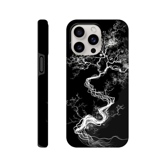 An Apple iPhone 15 Pro Max Phone Case with the following design on it - a sketch of a white fractal tree against a black background