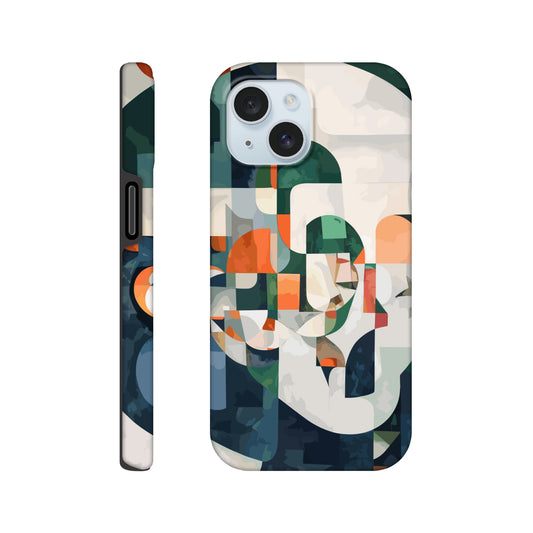 An iPhone 15 Phone Case with the following design on it -A cubist-inspired portrait. The face is composed of geometric shapes and forms, with an abstract background that features soft gradients in shades of green, orange, blue, white, and grey. Abstract patterns surround the figure to create depth and movement against an emerald color palette.