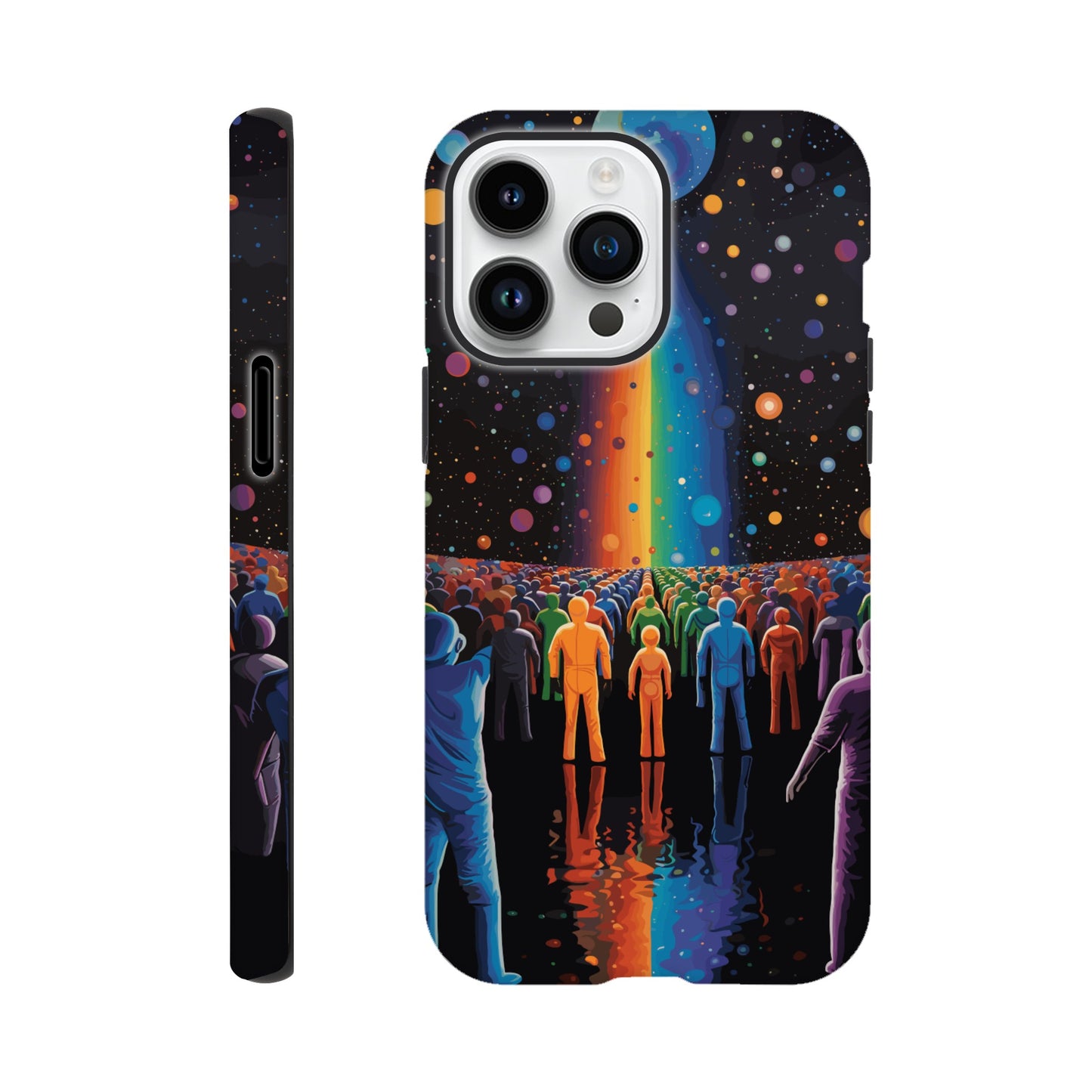 An Apple iPhone 14 Pro Max Phone Case with the following design on it : A cartoonish image of a colorful crowd of people on the surface of an alien planet, with rainbows and stars in the background. The design incorporates different colors to create a visually appealing composition. The lighting creates a sense of depth and dimension. The overall effect conveys wonderment and excitement as if looking out into space