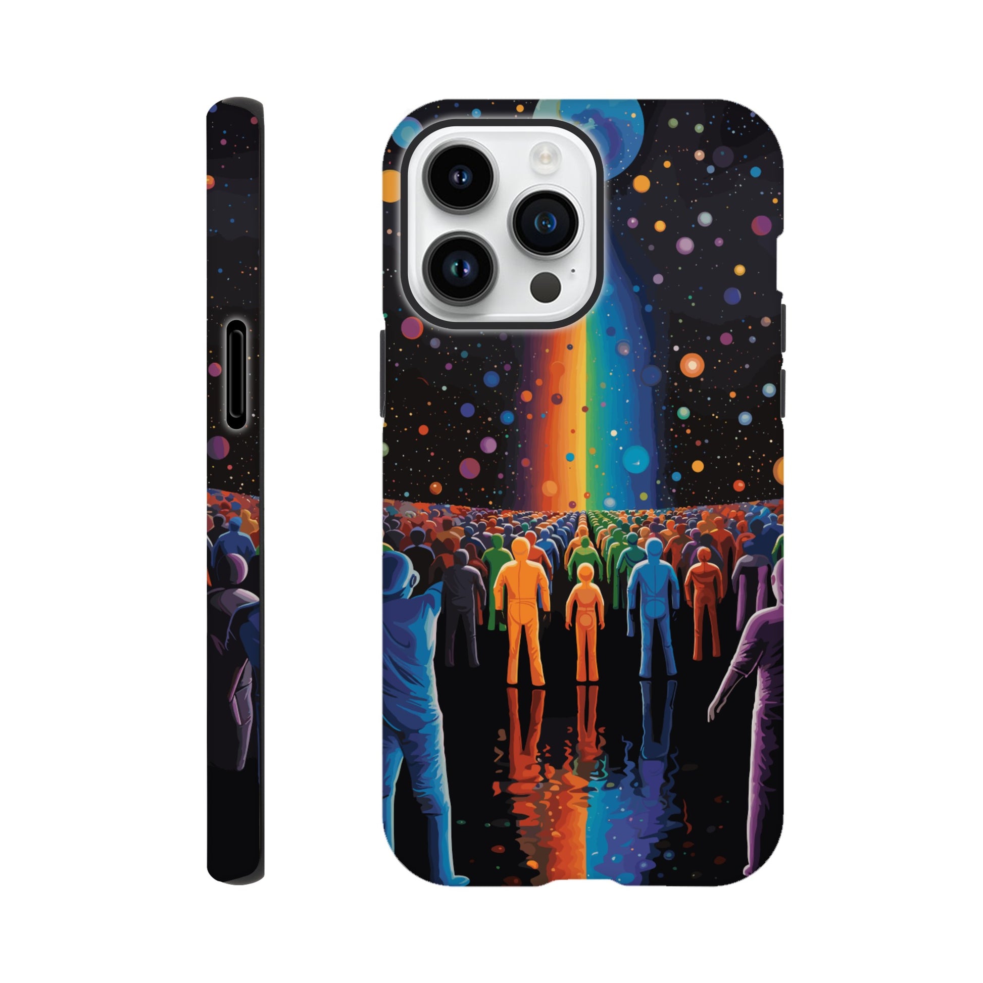 An Apple iPhone 14 Pro Max Phone Case with the following design on it : A cartoonish image of a colorful crowd of people on the surface of an alien planet, with rainbows and stars in the background. The design incorporates different colors to create a visually appealing composition. The lighting creates a sense of depth and dimension. The overall effect conveys wonderment and excitement as if looking out into space