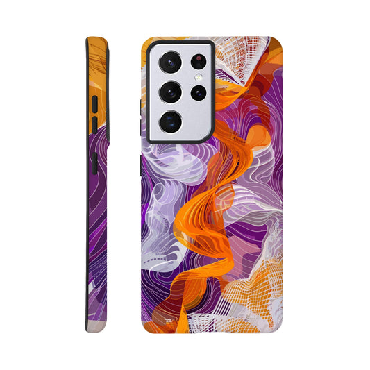 A Samsung Galaxy S21 Ultra Phone Case with the following design on it - A modern digital art piece of an abstract representation of waves and swirls, with orange and purple hues, composed from flowing lines in a white mesh pattern, creating the illusion that they flow like ribbons or threads. The background is a gradient of these colors, adding depth to the composition. This artwork symbolizes movement, fluidity, and dynamic energy through its intricate design.