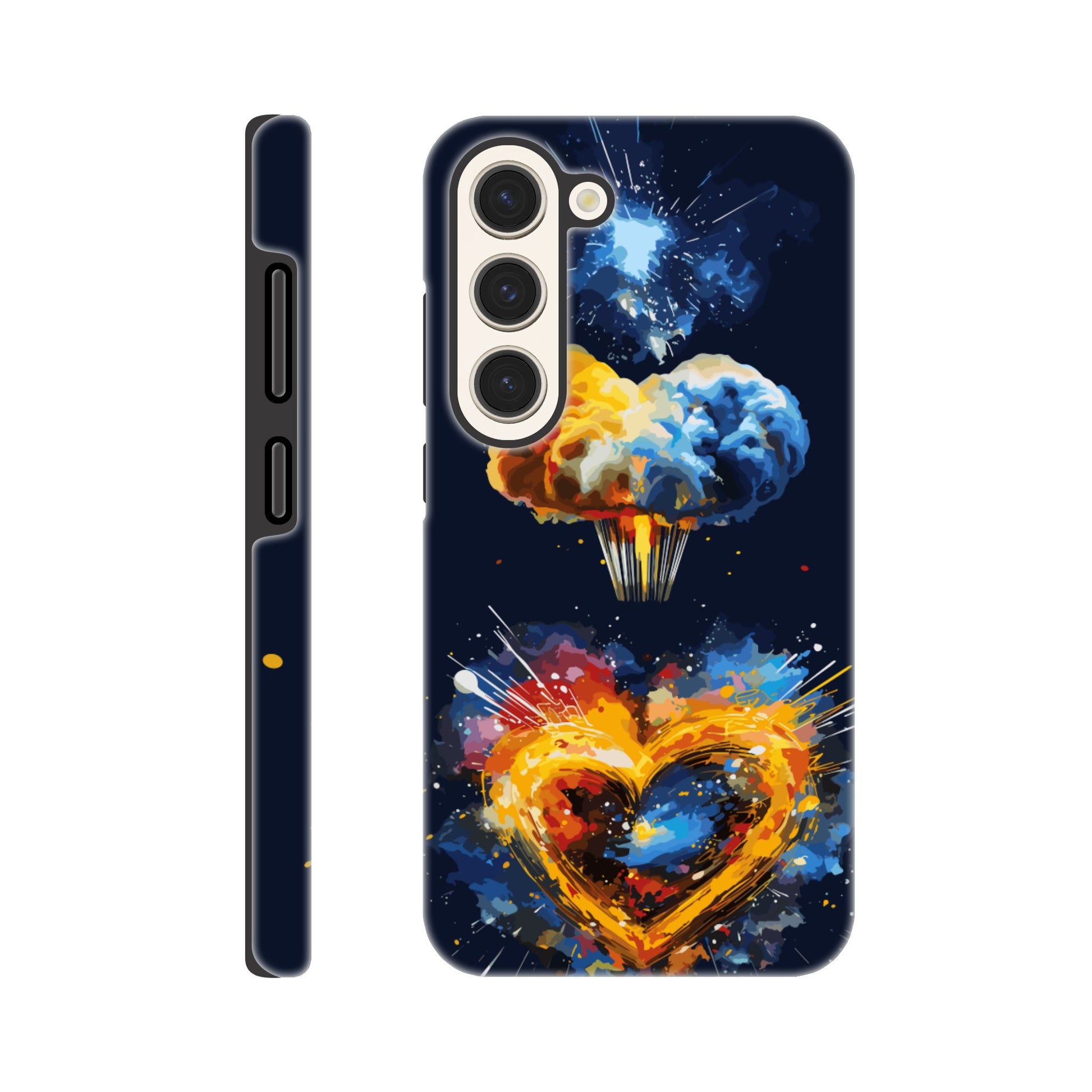 A Samsung Galaxy S23 Phone Case with the following design on it - heart shaped milky way galaxy with a nuclear mushroom cloud emanating from the heart, pop art, royal blue, yellow, white, silver, black, orange