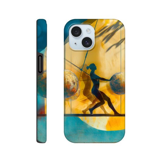 An Apple iPhone 15 Phone Case with the following design on it: A colorful mural depicting the figure of a Female athlete with two circles and three spheres in yellow, blue, and red colors, painted on concrete walls. A woman is running between them while holding another sphere in her hand. The shadows cast by palm trees create dynamic patterns that highlight details like dots and lines, adding depth to the scene