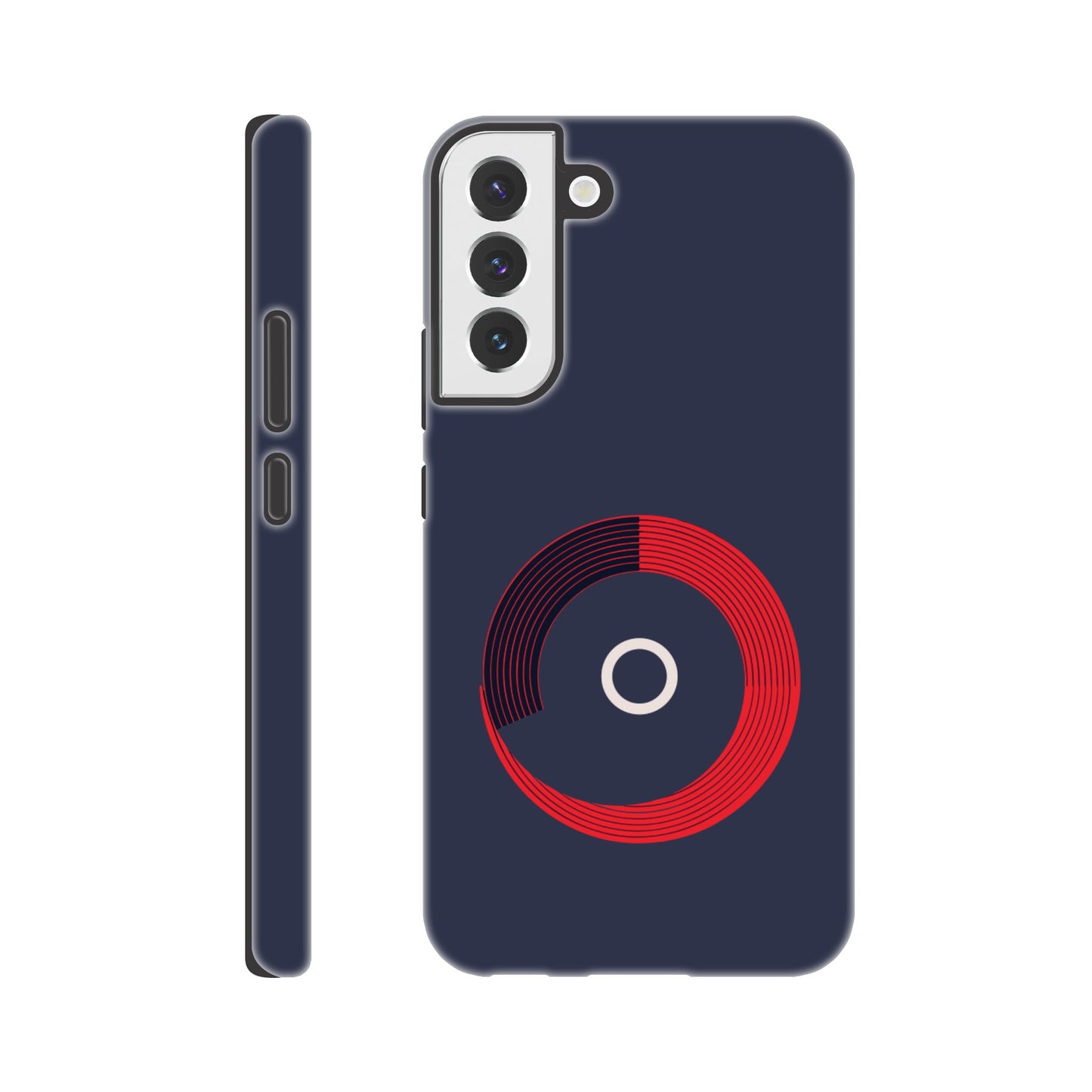 A Samsung Galaxy S22 Plus Phone Case with the following design on it: a red circle with black curved lines in the circle that make it look like bleachers from above on a navy blue background, there is a white letter circle in the center, a sleek and modern appearance, subtle gradients for depth effect