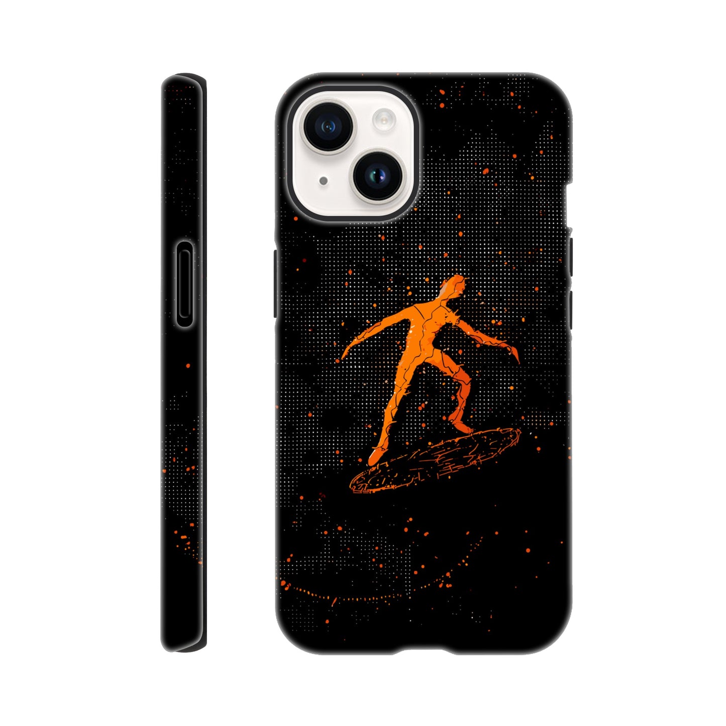 An Apple iPhone 14 Phone Case with the following design on it : orange glowing silhouette of a male surfer against a black background, in the style of digital art, dark orange and light amber, pointillist dot paintings, high resolution, symmetrical grid-like patterns, minimalist figures, glitched edges