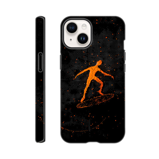 An Apple iPhone 14 Phone Case with the following design on it : orange glowing silhouette of a male surfer against a black background, in the style of digital art, dark orange and light amber, pointillist dot paintings, high resolution, symmetrical grid-like patterns, minimalist figures, glitched edges