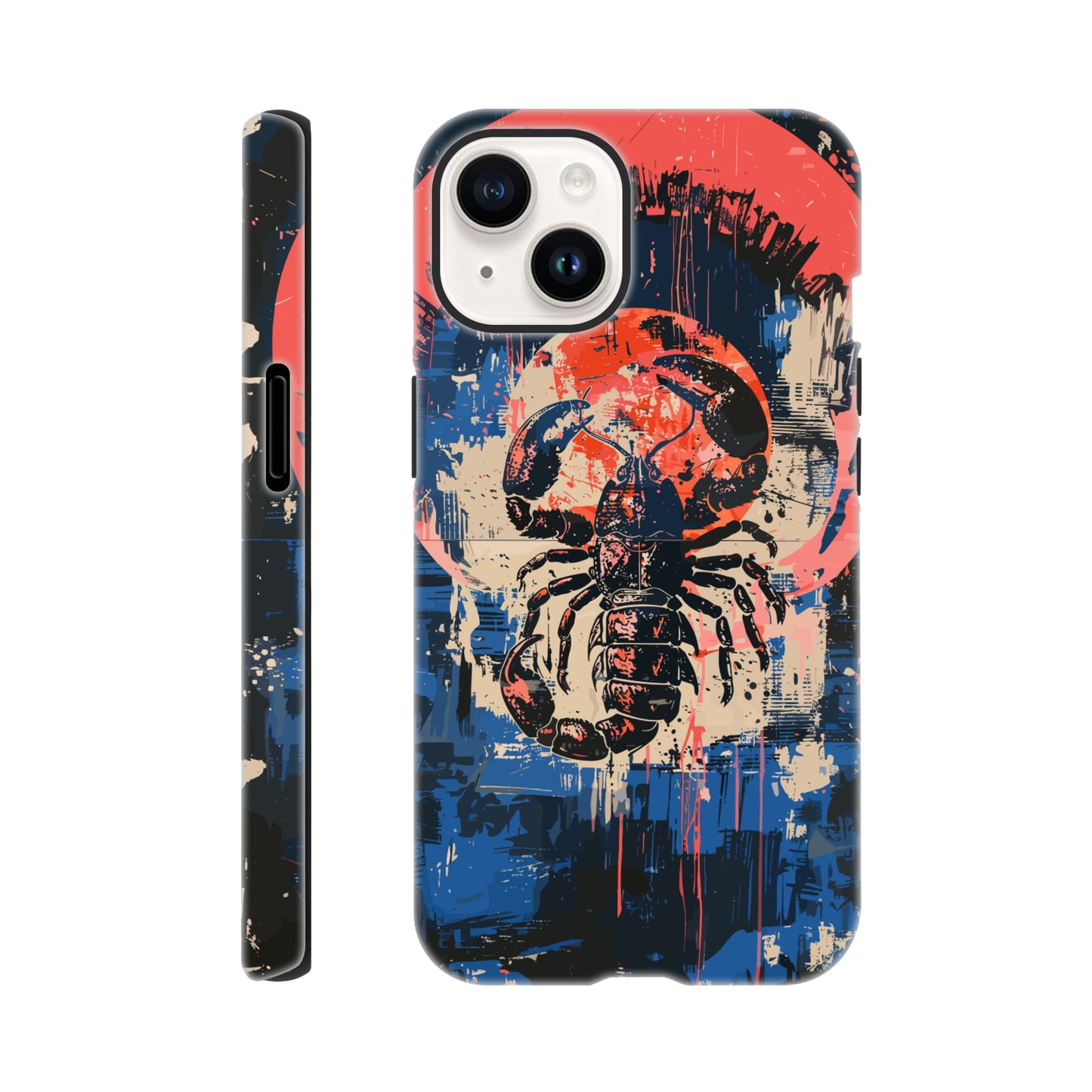 An Apple iPhone 14 Phone Case with the following design on it : A painting of a Scorpio with red accents, the Scorpio is the symbol for the astrological sign Scorpio, the Scorpio is positioned in the center against abstract blue and white brushstrokes, within a pink circle. The artwork has a splattered, chaotic background.