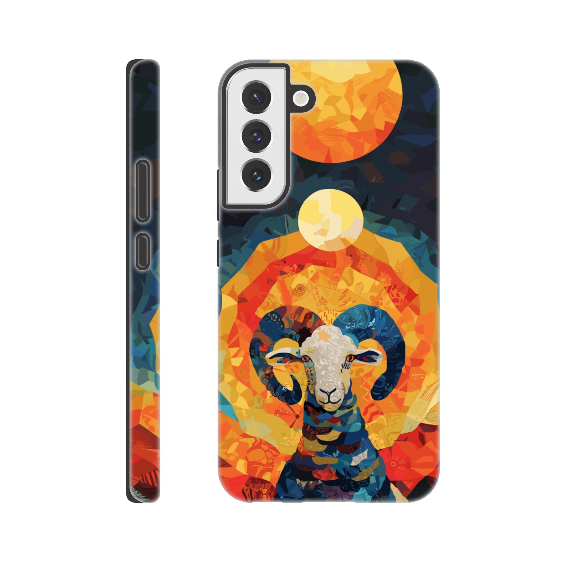 A Samsung Galaxy S22 Plus Phone Case with the following design on it - A Ram is facing towards you. There is a large Sun above the Ram even though it appears to be nighttime and a small moon as well, the style is art nouveau with very vibrant primary colors.