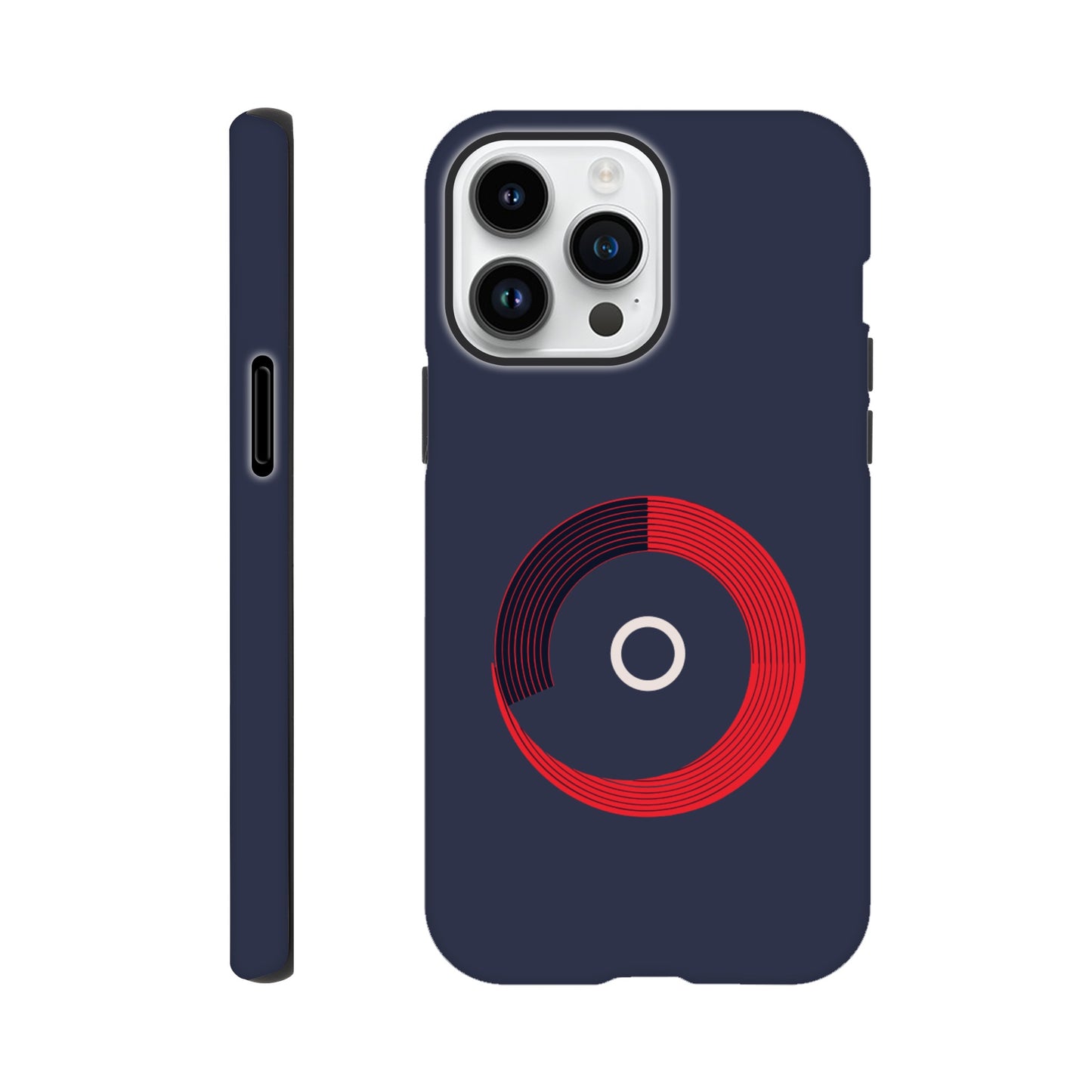 An Apple iPhone 14 Pro Max Phone Case with the following design on it: a red circle with black curved lines in the circle that make it look like bleachers from above on a navy blue background, there is a white letter circle in the center, a sleek and modern appearance, subtle gradients for depth effect