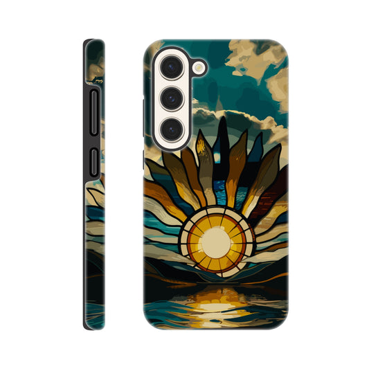 A Samsung Galaxy S23 Phone Case with the following design on it: A giant stained glass sun, with rays of light reflecting on the water below, in a cinematic, epic, fantasy art style