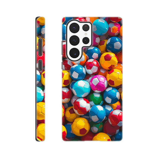 A Samsung Galaxy 22 Ultra Phone Case with the following design on it: A Kids ball pit made up of soccer balls, the soccer balls are of a variety of colors, fun and bright, pop art