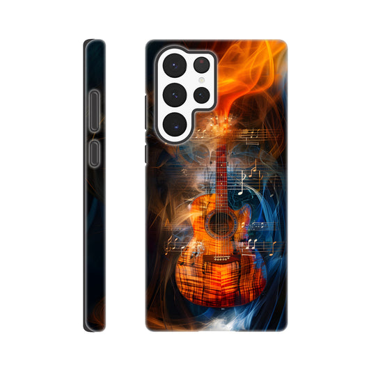 A Samsung Galaxy S22 Ultra Phone Case with the following design on it: A Koa Guitar with musical notes swirling around it, blue and red smoke swirling around both the Guitar and notes, in the style of a digital art, dark blue background, orange glow on guitar, symmetrical composition, high resolution, hyper realistic, high contrast, vibrant colors, detailed textures of wood and strings