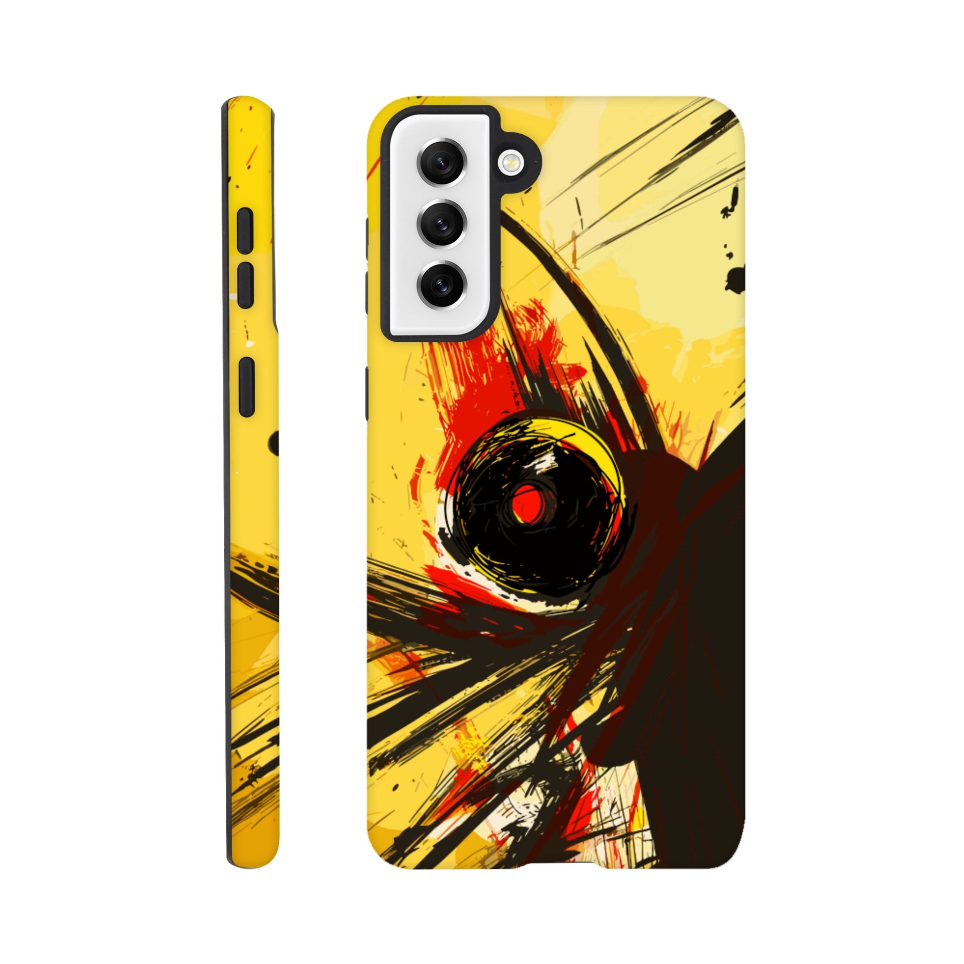 A Samsung Galaxy S21 Plus Phone Case with the following design on it : Abstract drawing of a humanoid insect hybrid figure,  red and black colors. In the style of comic brush strokes that creates a kind of frenetic energy. The light yellow background.