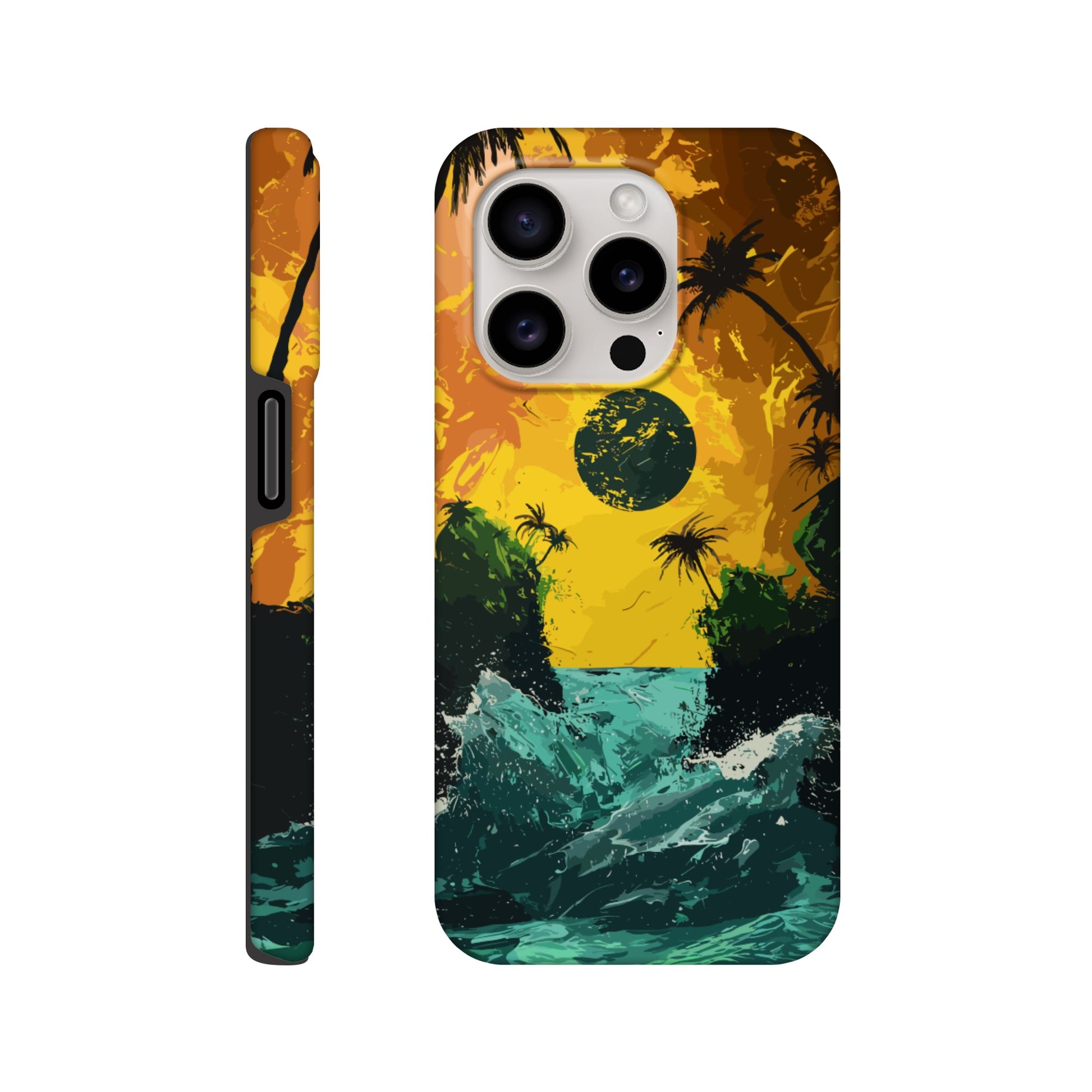 An Apple iPhone 15 Pro Phone Case with the following design on it - Two green islands separated by a violent royal green sea: yellow orangish sky: black sun, alien looking palm trees, surrealism