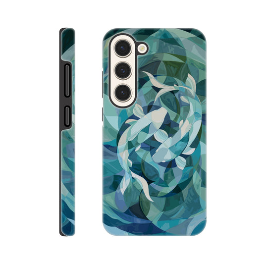 A Samsung Galaxy S23 Phone Case with the following design on it : A representation of the Pisces zodiac sign depicted as follows - A geometric abstract painting of fish swimming in circles, using shades and shapes to create the illusion that they form an endless circle. The color palette is soft with pastel blues and greens, giving it a calming effect. This artwork symbolizes motion, energy flow, chaos theory, infinite reflection, balance between movement and stillness