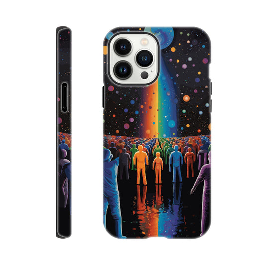 An Apple iPhone 13 Pro Max Phone Case with the following design on it : A cartoonish image of a colorful crowd of people on the surface of an alien planet, with rainbows and stars in the background. The design incorporates different colors to create a visually appealing composition. The lighting creates a sense of depth and dimension. The overall effect conveys wonderment and excitement as if looking out into space