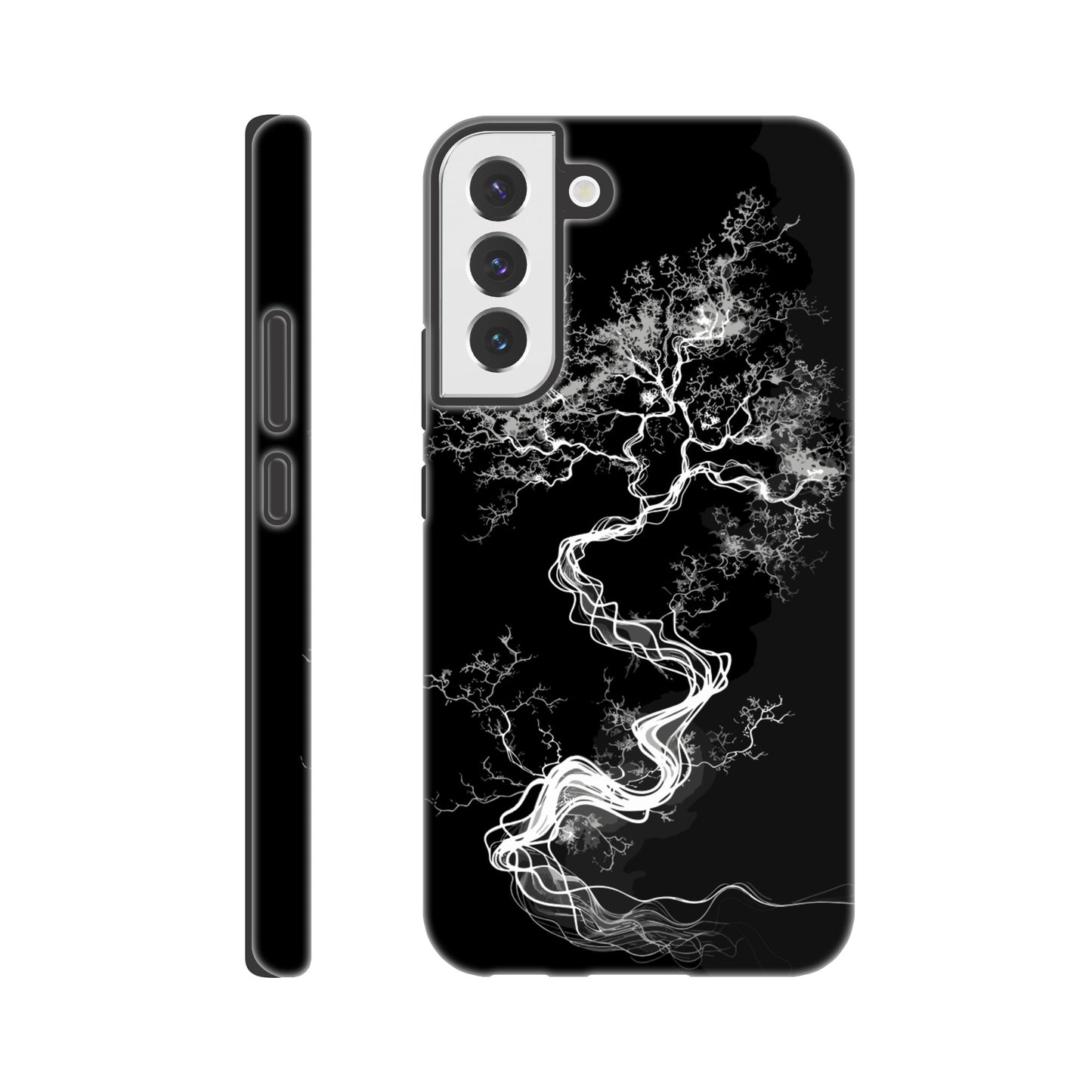 A Samsung Galaxy S22 Plus Phone Case with the following design on it - a sketch of a white fractal tree against a black background