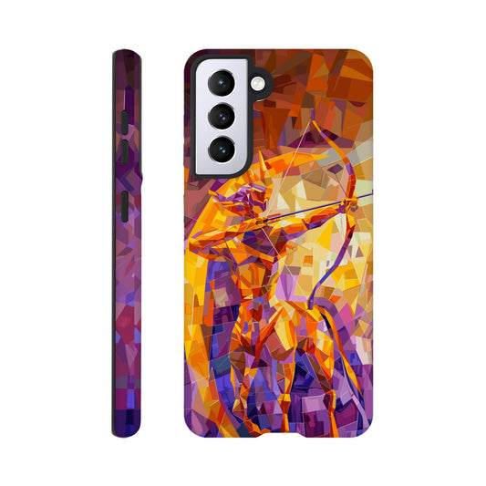 A Samsung Galaxy S21 Phone Case with the following design on it: A centaur- the half man half horse archer and symbol of the astrological sign Sagittarius, the character is imagined through an artist who is adept at the artistic style of cubism, orange, purple, yellow