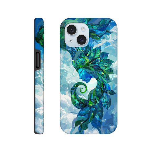 An Apple iPhone 15 Phone Case with the following design on it: digital illustration of the symbol for the Zodiac symbol for Virgo, abstract Maiden, swirling in the sky with clouds and blue background, vibrant green and dark blues, digital art style, detailed shading, intricate details, fantasy elements, fantasy-inspired designs, fantasy realism