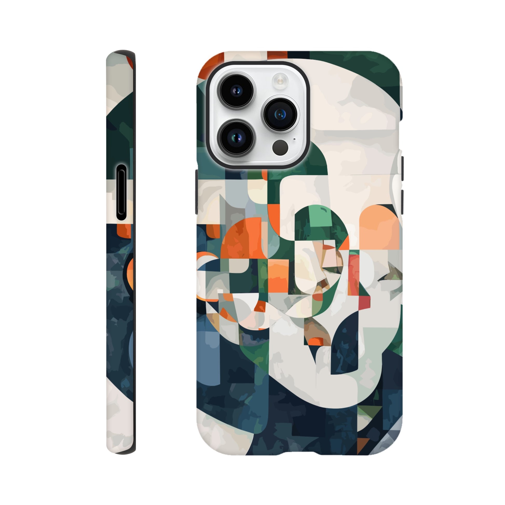 An iPhone 14 Pro Max Phone Case with the following design on it -A cubist-inspired portrait. The face is composed of geometric shapes and forms, with an abstract background that features soft gradients in shades of green, orange, blue, white, and grey. Abstract patterns surround the figure to create depth and movement against an emerald color palette.