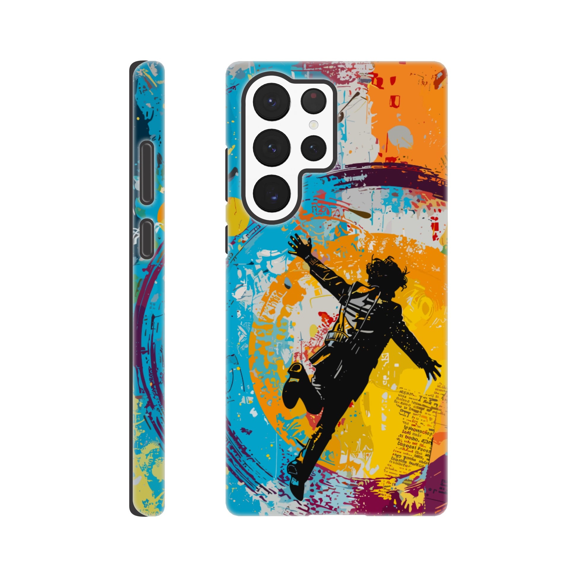 A Samsung Galaxy S22 Ultra Phone Case with the following design on it -A graffiti style painting of the back of a human male in a suit falling in mid-air, with bold colors. The background is filled with vibrant splashes of color and newspaper texture in the style of American pop art