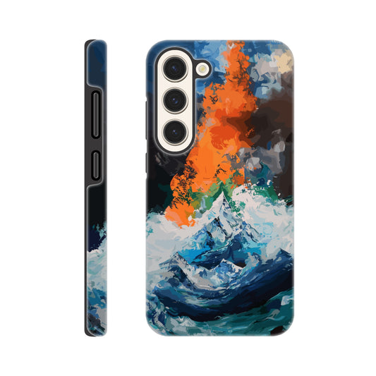 A Samsung Galaxy S23 Phone Case with the following design on it - the Mariana Trench engulfing Mount Everest, cartoonish surrealism, blue, white, green, orange, black