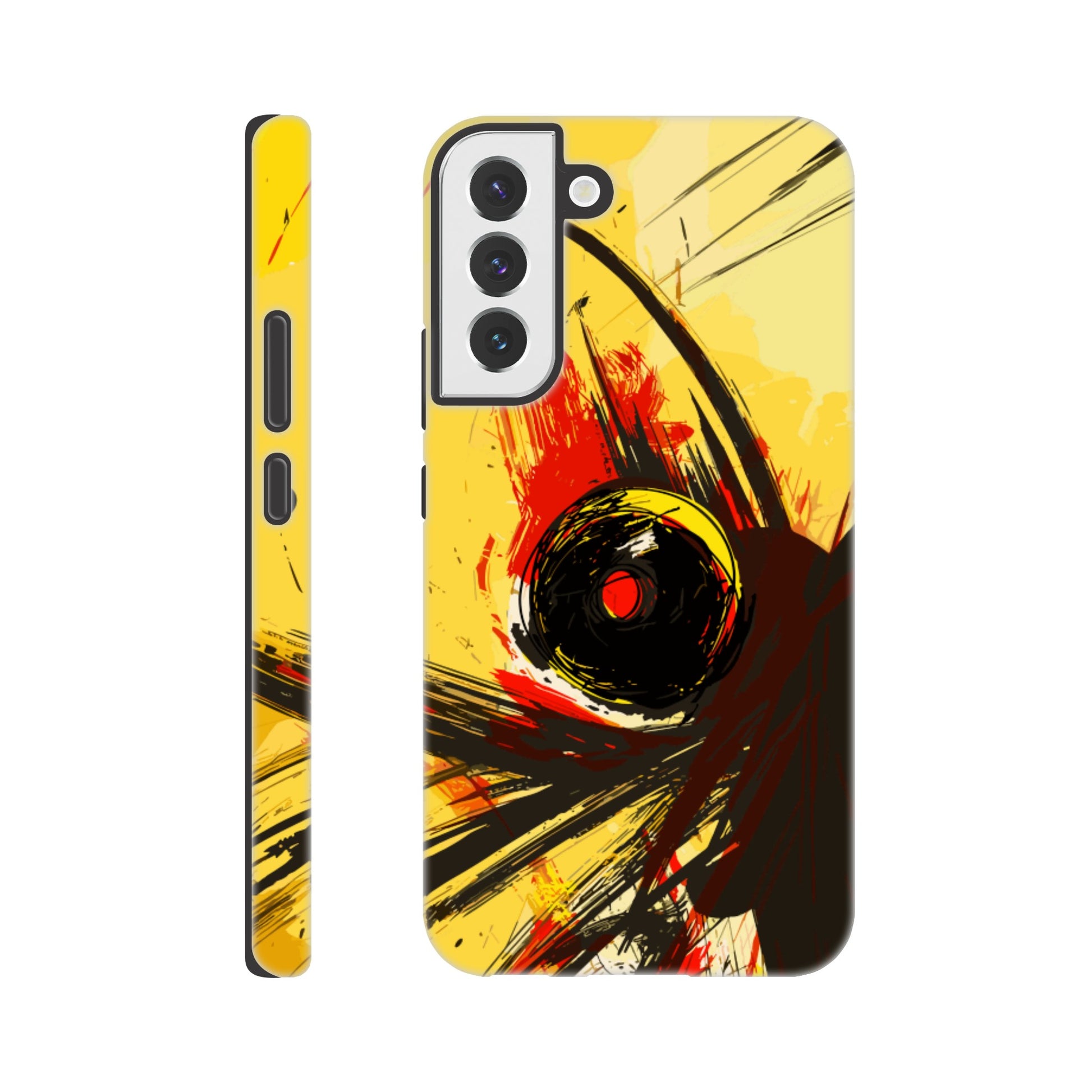 A Samsung Galaxy S22 Plus Phone Case with the following design on it : Abstract drawing of a humanoid insect hybrid figure,  red and black colors. In the style of comic brush strokes that creates a kind of frenetic energy with a light yellow background.