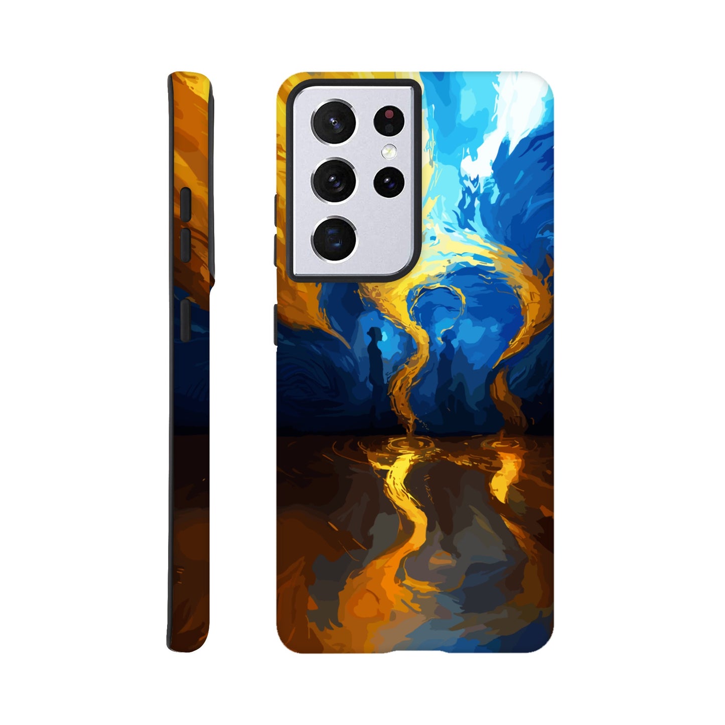 A Samsung Galaxy S21 Ultra Phone Case with the following design on it -An abstract image of flowing thunder/lightning and waves. The colors of blue, orange, and yellow. There are two human forms facing each other in the middle of the image.