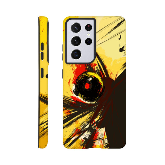 A Samsung Galaxy S21 Ultra Phone Case with the following design on it : Abstract drawing of a humanoid insect hybrid figure,  red and black colors. In the style of comic brush strokes that creates a kind of frenetic energy. The light yellow background.