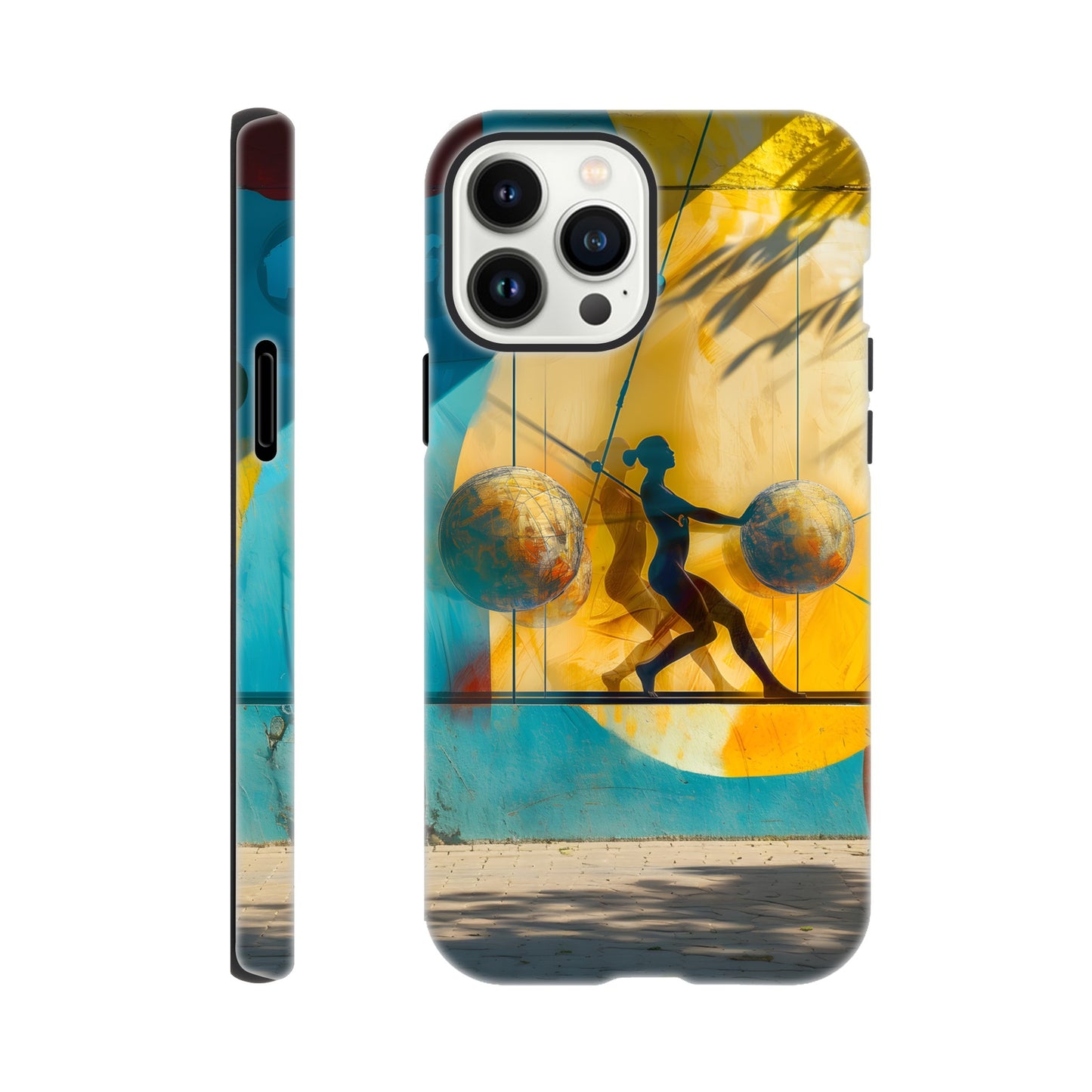 An Apple iPhone 13 Pro Max Phone Case with the following design on it: A colorful mural depicting the figure of a Female athlete with two circles and three spheres in yellow, blue, and red colors, painted on concrete walls. A woman is running between them while holding another sphere in her hand. The shadows cast by palm trees create dynamic patterns that highlight details like dots and lines, adding depth to the scene