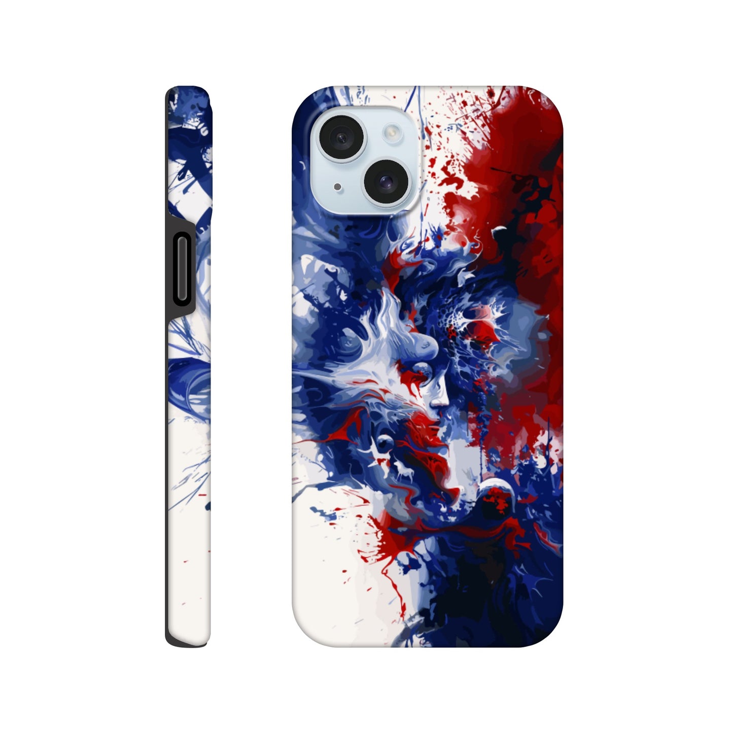 An Apple iPhone 15 Plus Phone Case with the following design on it: Abstract Blue and Red Painting, white background, ink painting, splash art in the style of ink painting, human profile in the middle which seems to be depicting someone in deep thought 