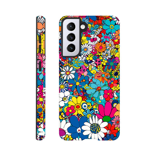 A Samsung Galaxy S21 Phone Case with the following design on it : Lots of retro looking flowers of multiple colors with no discernible arrangement against a white background. 