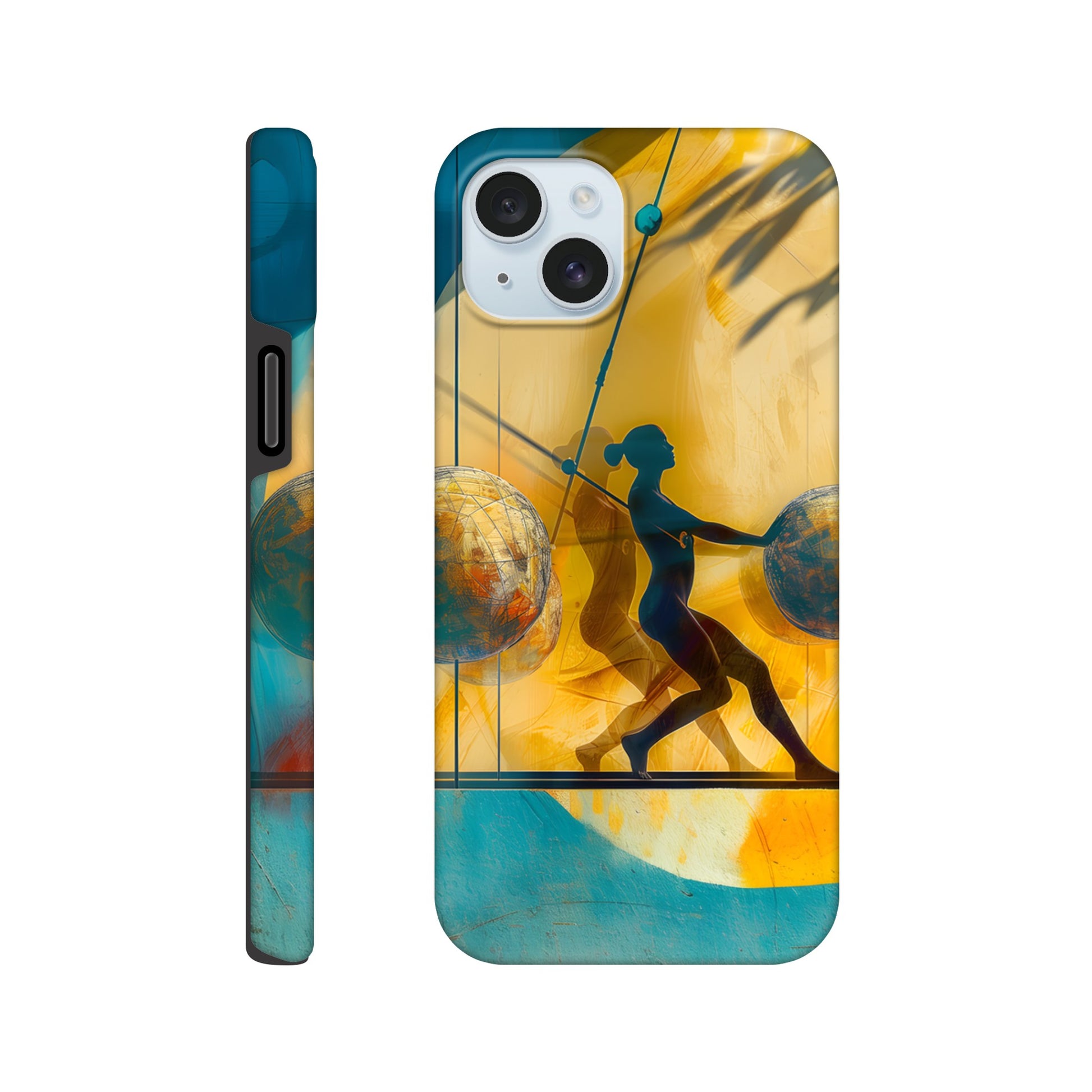 An Apple iPhone 15 Plus Phone Case with the following design on it: A colorful mural depicting the figure of a Female athlete with two circles and three spheres in yellow, blue, and red colors, painted on concrete walls. A woman is running between them while holding another sphere in her hand. The shadows cast by palm trees create dynamic patterns that highlight details like dots and lines, adding depth to the scene