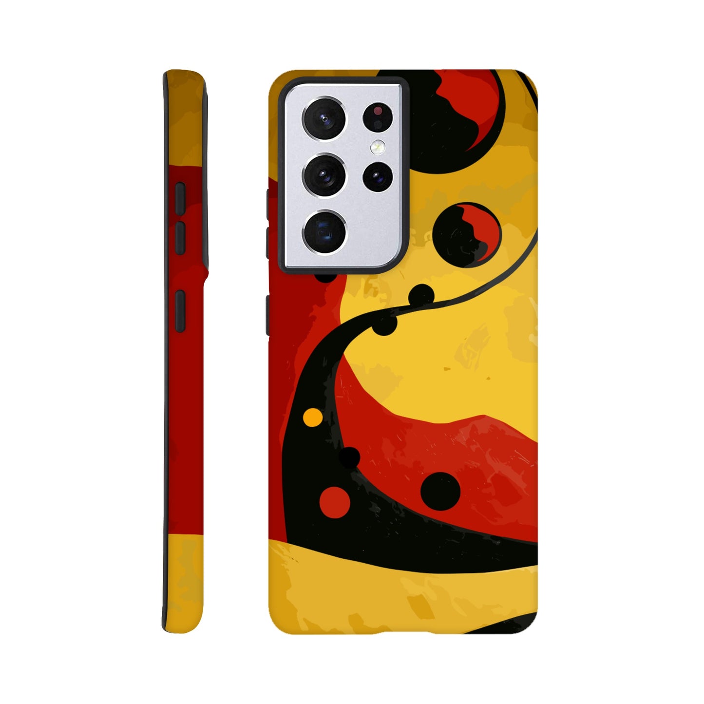 A Samsung Galaxy S21 Ultra Phone Case with the following design on it - Abstract painting of yellow, red and black dots on the wall in an art deco style. The background is a dark gradient from light to deep yellow. In the foreground there's a swirl with three circles that resemble multiple shapes within each other, giving it depth. It has organic curves but also geometric elements.