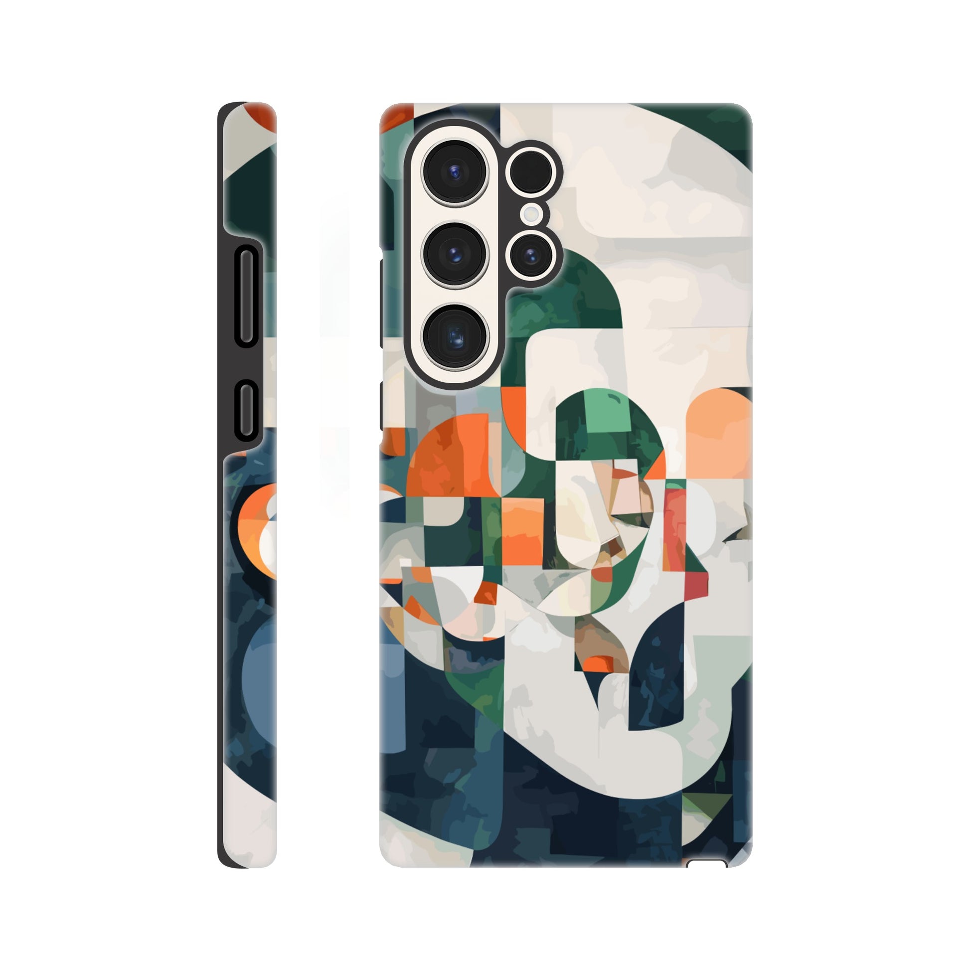 A Samsung Galaxy S23 Ultra Phone Case with the following design on it - A cubist-inspired portrait. The face is composed of geometric shapes and forms, with an abstract background that features soft gradients in shades of green, orange, blue, white, and grey. Abstract patterns surround the figure to create depth and movement against an emerald color palette.