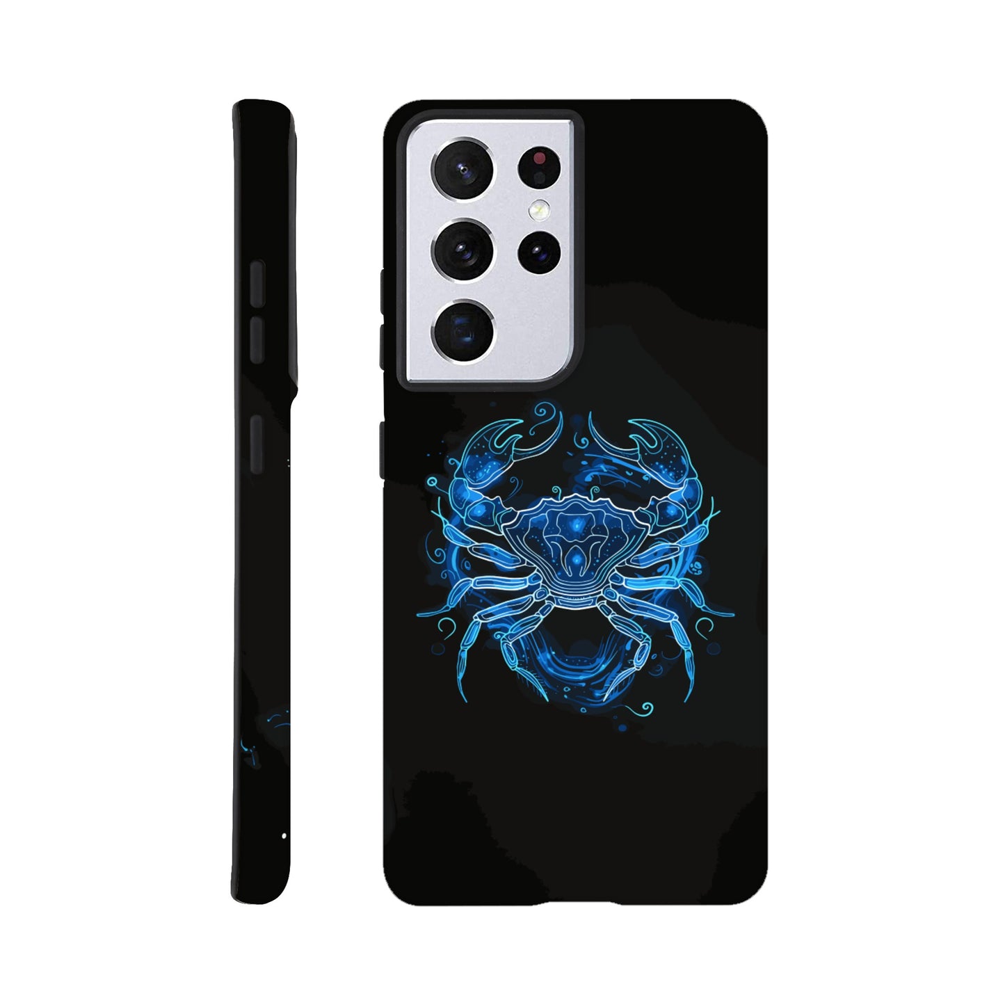 A Samsung Galaxy S21 Ultra Phone Case with the following design - A simple white line drawing of the symbol for Cancer-a Crab, with blue outlines on black background. The design is minimalistic and elegant, focusing only on basic shapes to represent the zodiac sign's symbolism in astrology. It has an art deco style that highlights its curves and swirls, creating a sense of motion or energy within each curve.