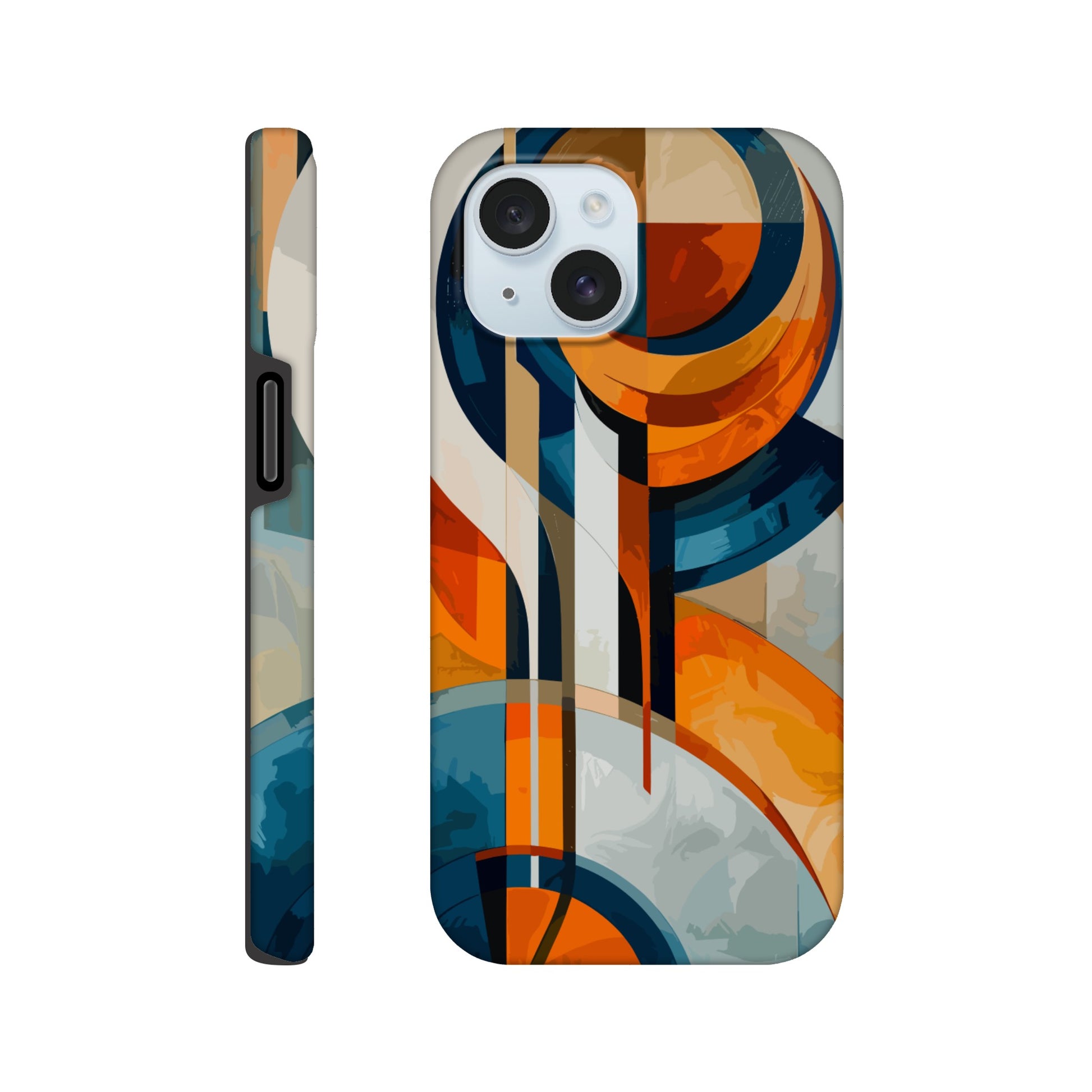 An Apple iPhone 15 Phone Case with the following design on it: An abstract painting of an orange, blue and white circular design with lines in the style of cubism. The shapes create visual harmony by creating balance between soft curves and sharp angles. It uses flat color to give depth through gradients. There is an emphasis on the use of light and shadow. In some places there's an airbrush effect