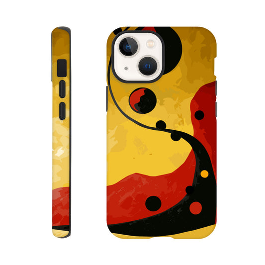 An Apple iPhone 13 Mini Phone Case with the following design on it - Abstract painting of yellow, red and black dots on the wall in an art deco style. The background is a dark gradient from light to deep yellow. In the foreground there's a swirl with three circles that resemble multiple shapes within each other, giving it depth. It has organic curves but also geometric elements.