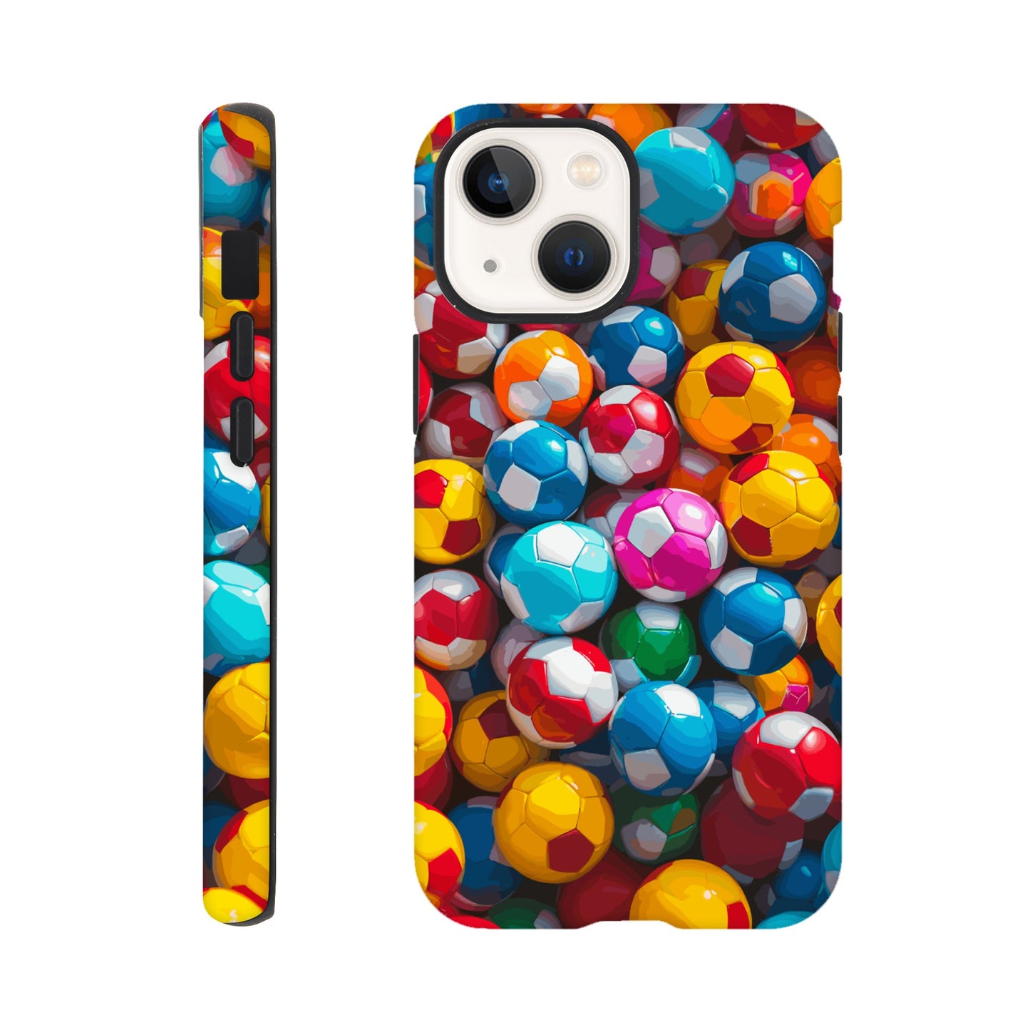 An IPhone 13 Mini Phone Case with the following design on it: A Kids ball pit made up of soccer balls, the soccer balls are of a variety of colors, fun and bright, pop art